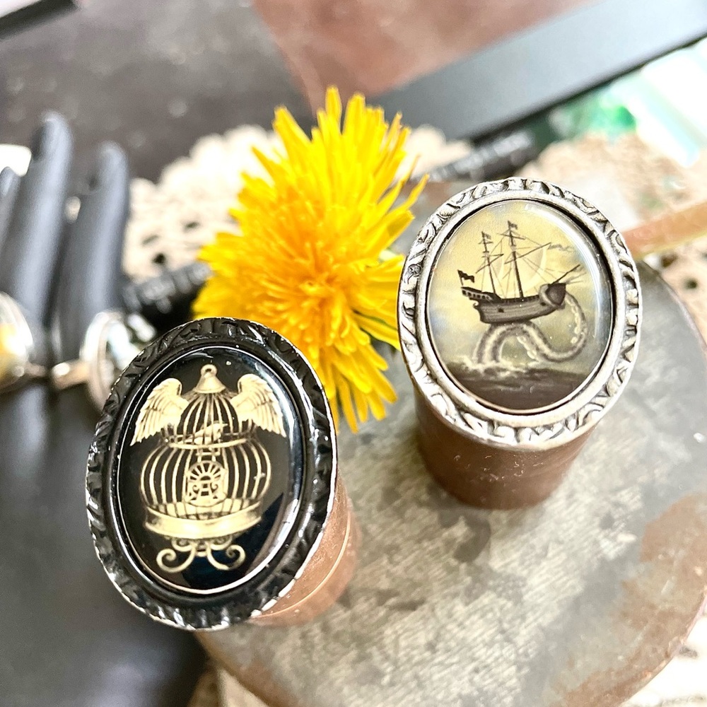 Collectors Duo CLASSIC HARDWARE Goth, Edge,Vintage Tattoo Style Ring Set SZ 7
